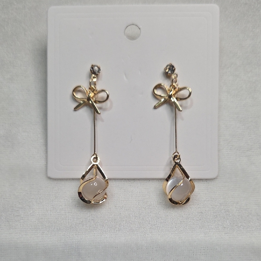 Elegant Bow Rhinestone Cat Eye Bead Drop Dangle Pierced Earrings Prom Party